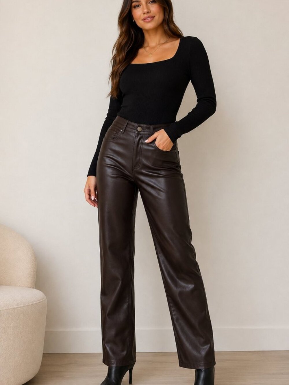 Shinestar faux leather straight leg pants dark brown high rise